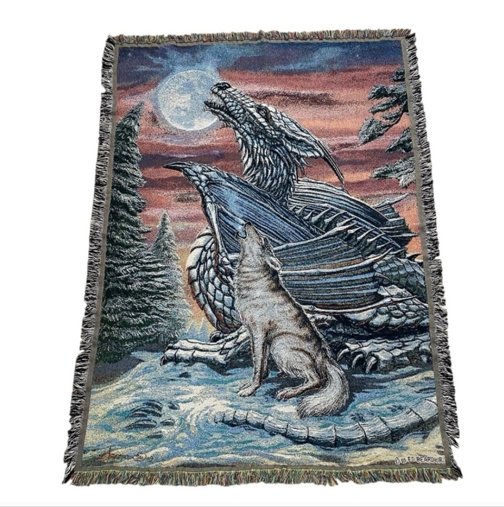Country Weavers Moonsong Dragon and Wolf Ed Beard Jr. Tapestry Blanket Throw